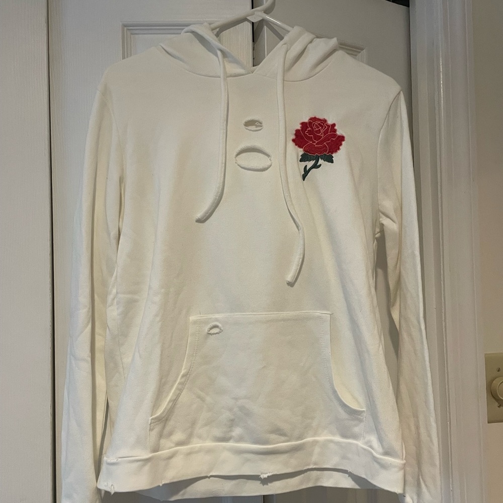 Women’s creamy white distressed Rose hoodie, size Medium